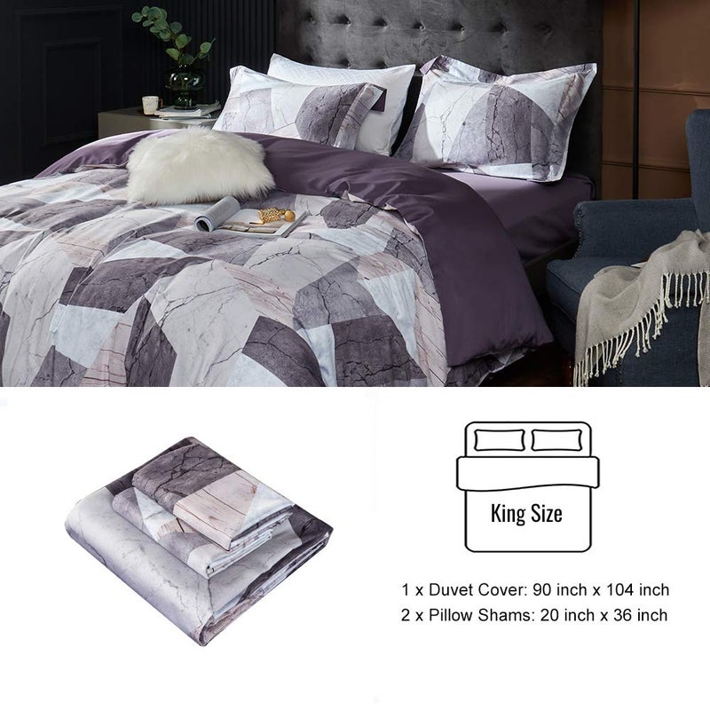MILDLY 100% Long Staple Cotton Duvet Cover Set, 3pcs Geometric Marble Textured Pattern Printed Comforter Cover Set - Image 4